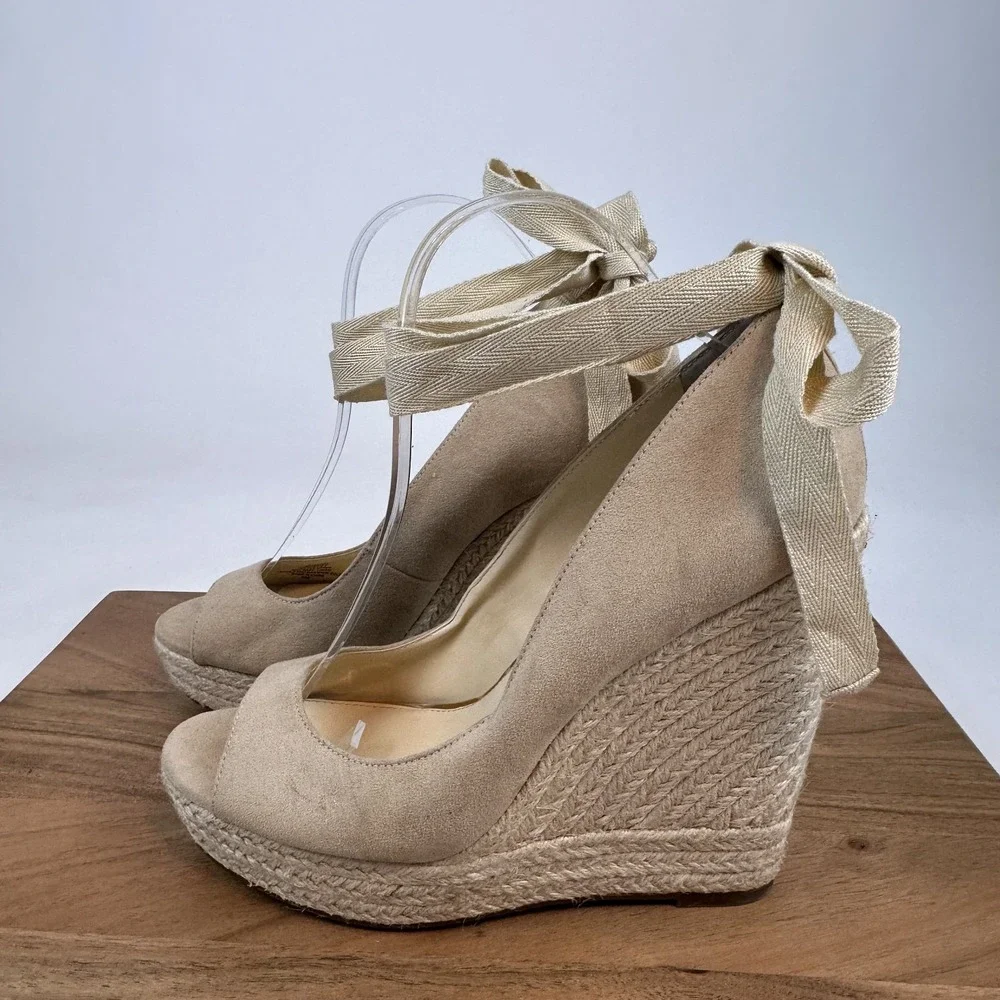 New Womens Jessica Simpson Zavida Beige Ankle Tie Platform Wedges Size 9.5 M‎